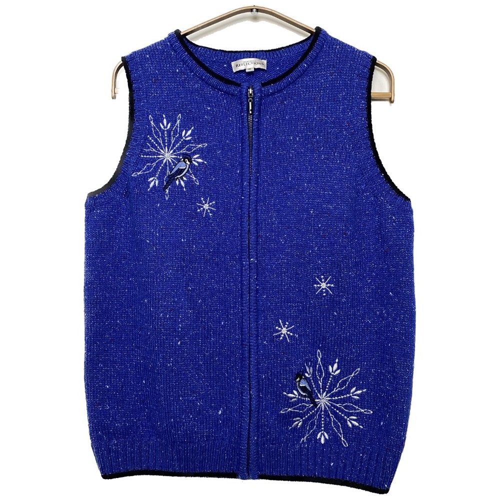 Embroidered Sweater Vest Women SZ M Blue Jays Birds Snowflakes Sparkle
